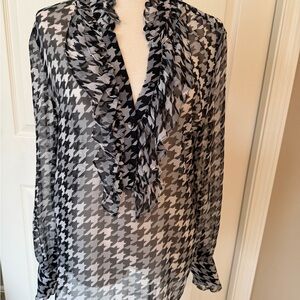 Equipment Black and White Houndstooth Silk Blouse